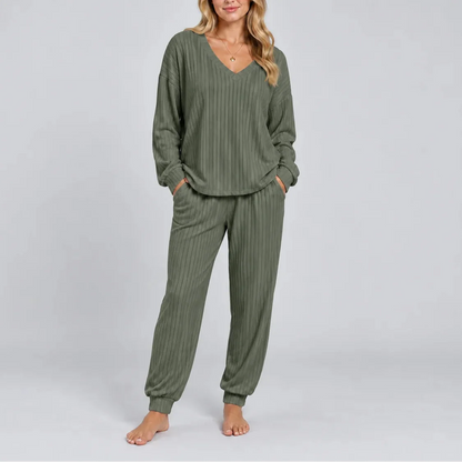 Women's Ribbed Lounge Two-Piece Set — V-Neck Long Sleeve 8