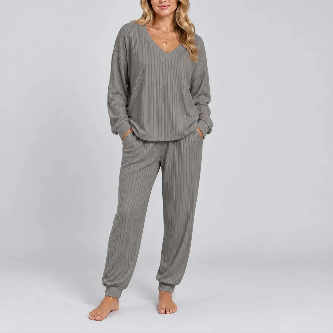 Women's Ribbed Lounge Two-Piece Set — V-Neck Long Sleeve 9