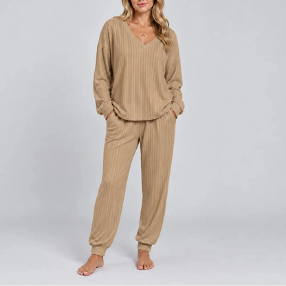 Women's Ribbed Lounge Two-Piece Set — V-Neck Long Sleeve 10