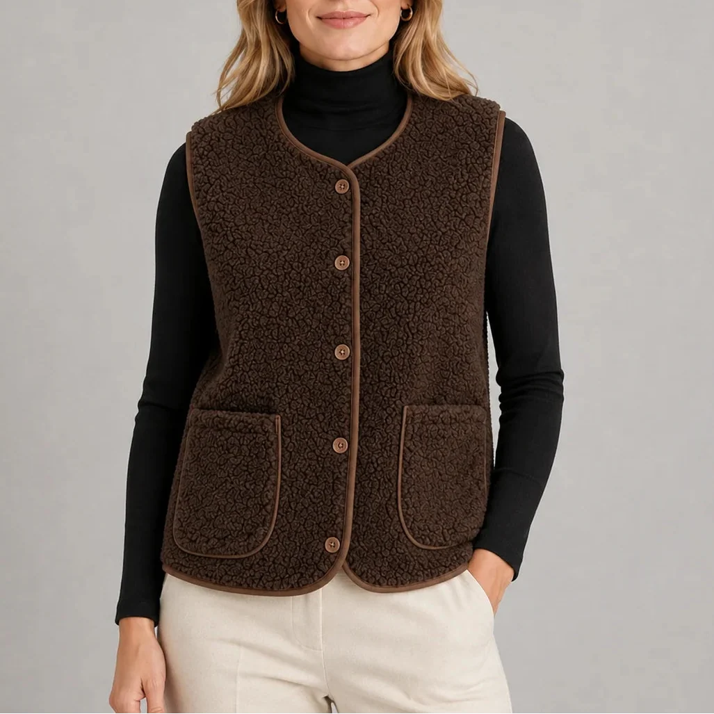 Women's Teddy Fleece Button-Up Vest with Pockets 4