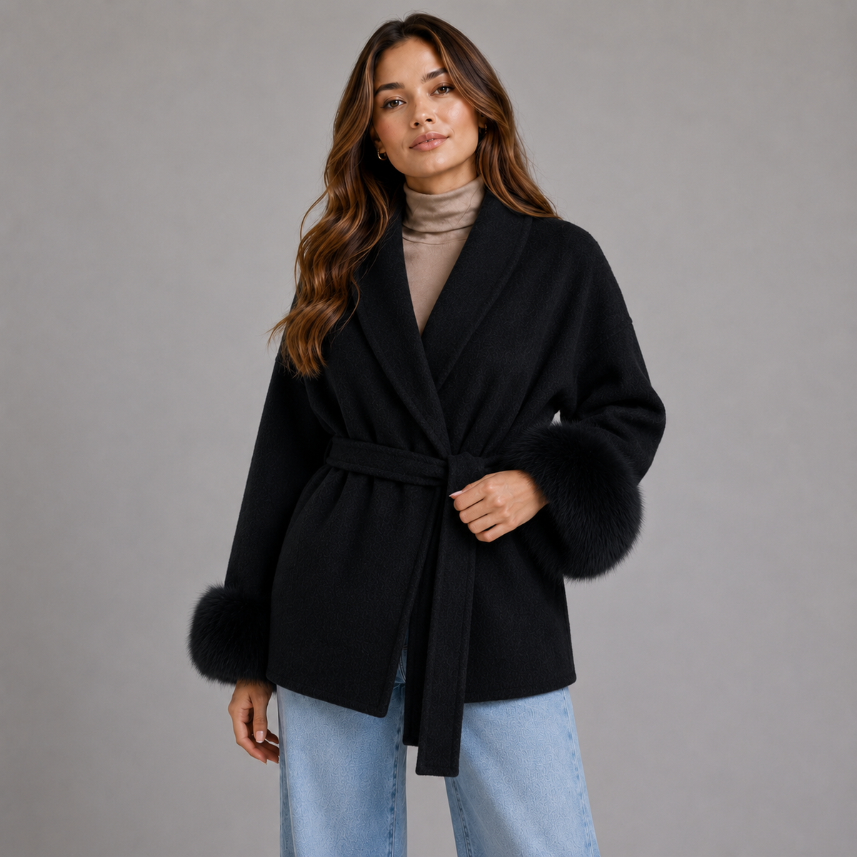 Women's Belted Wool-Blend Wrap Coat — Faux Fur Trim 6