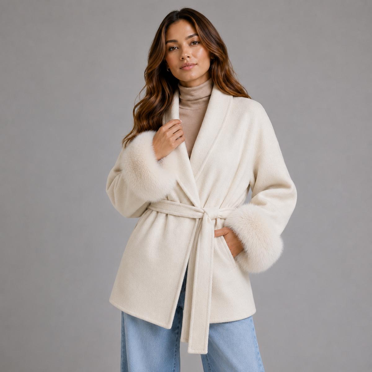 Women's Belted Wool-Blend Wrap Coat — Faux Fur Trim 4
