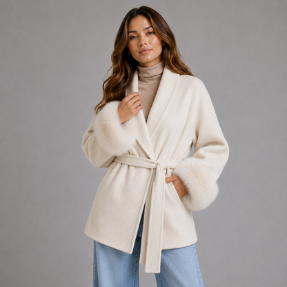 Women's Belted Wool-Blend Wrap Coat — Faux Fur Trim 4