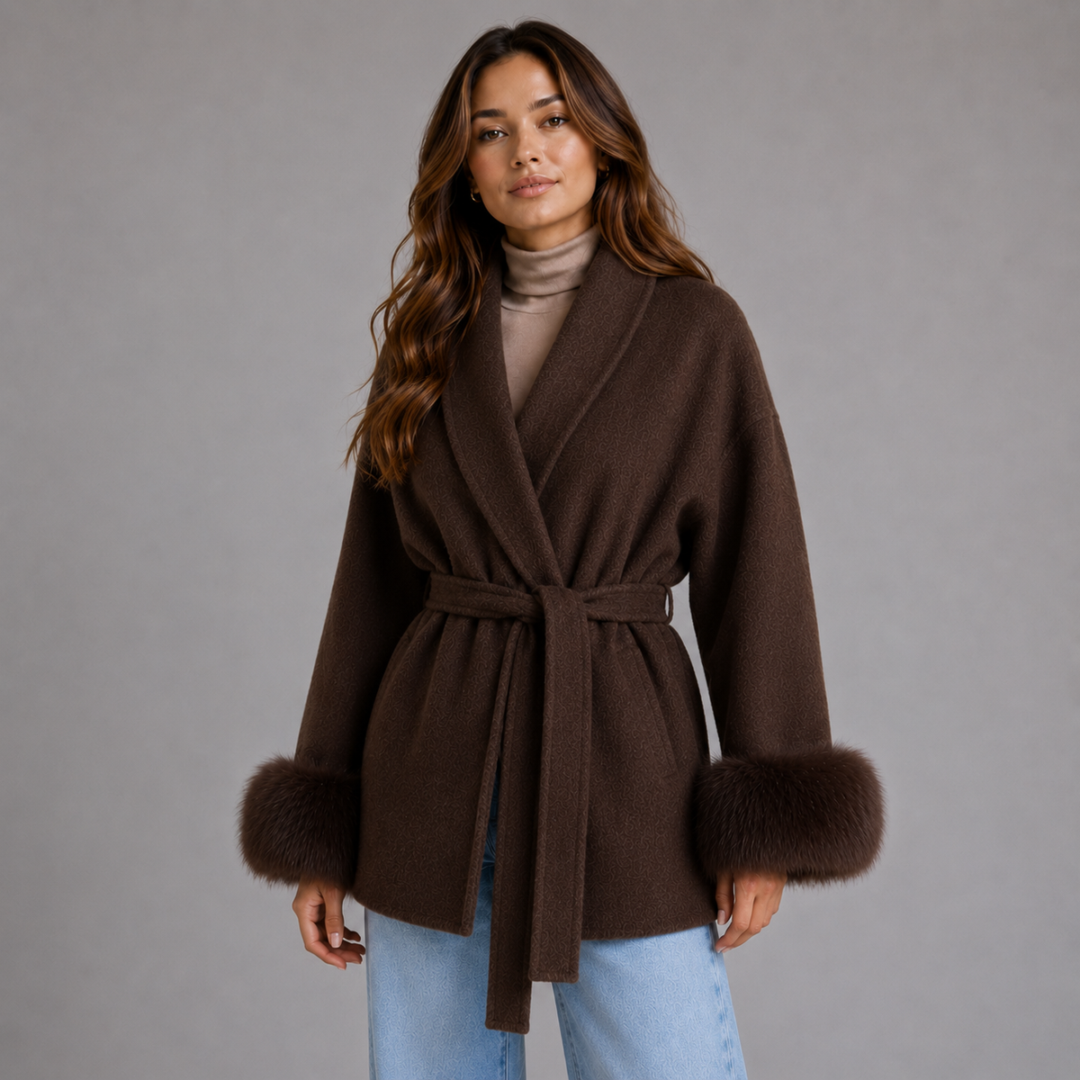 Women's Belted Wool-Blend Wrap Coat — Faux Fur Trim 5