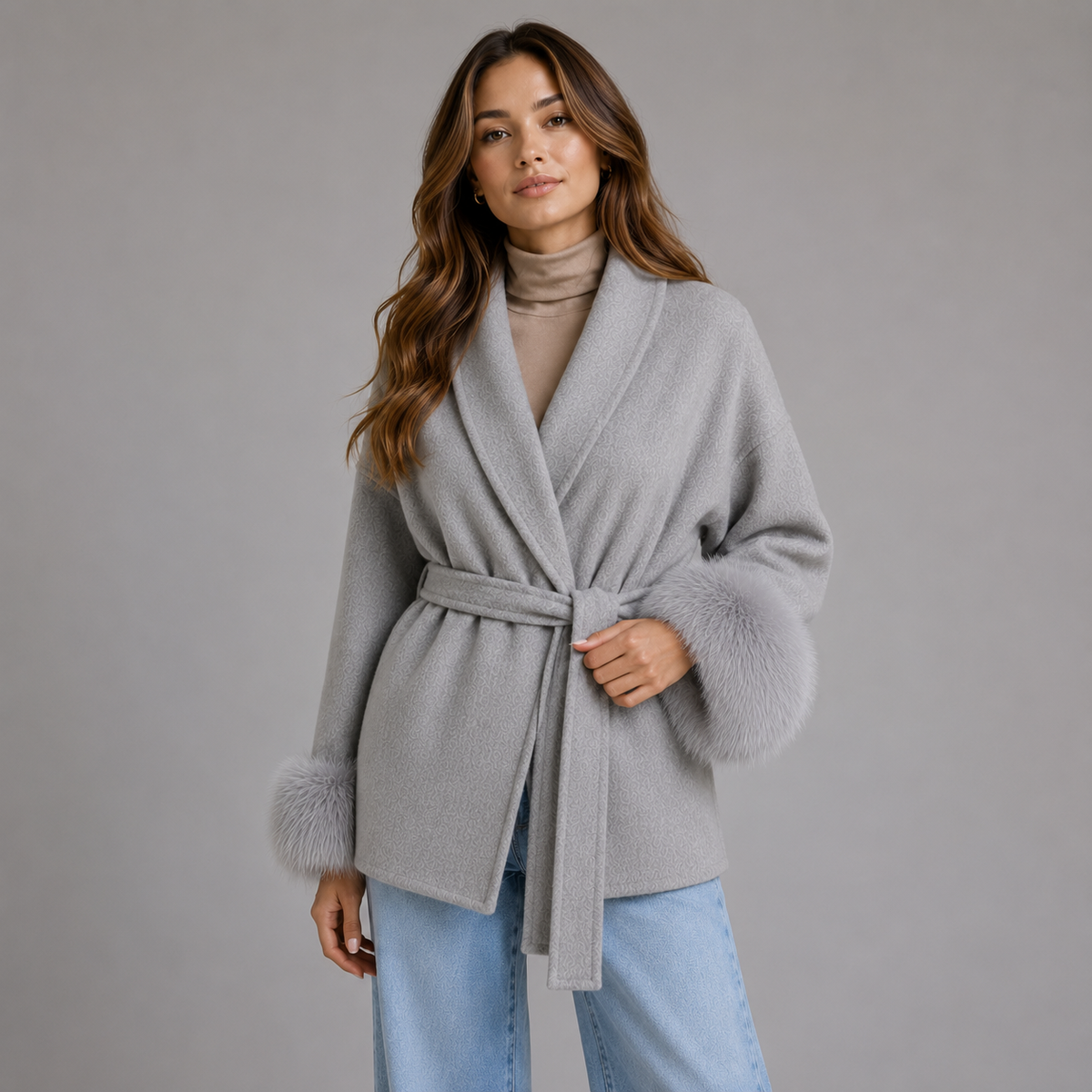 Women's Belted Wool-Blend Wrap Coat — Faux Fur Trim 1