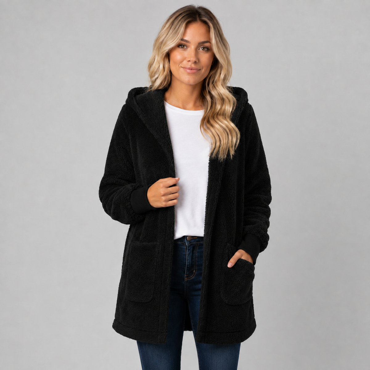 Women's Longline Fleece Cardigan with Hood — Reversible Fit 4