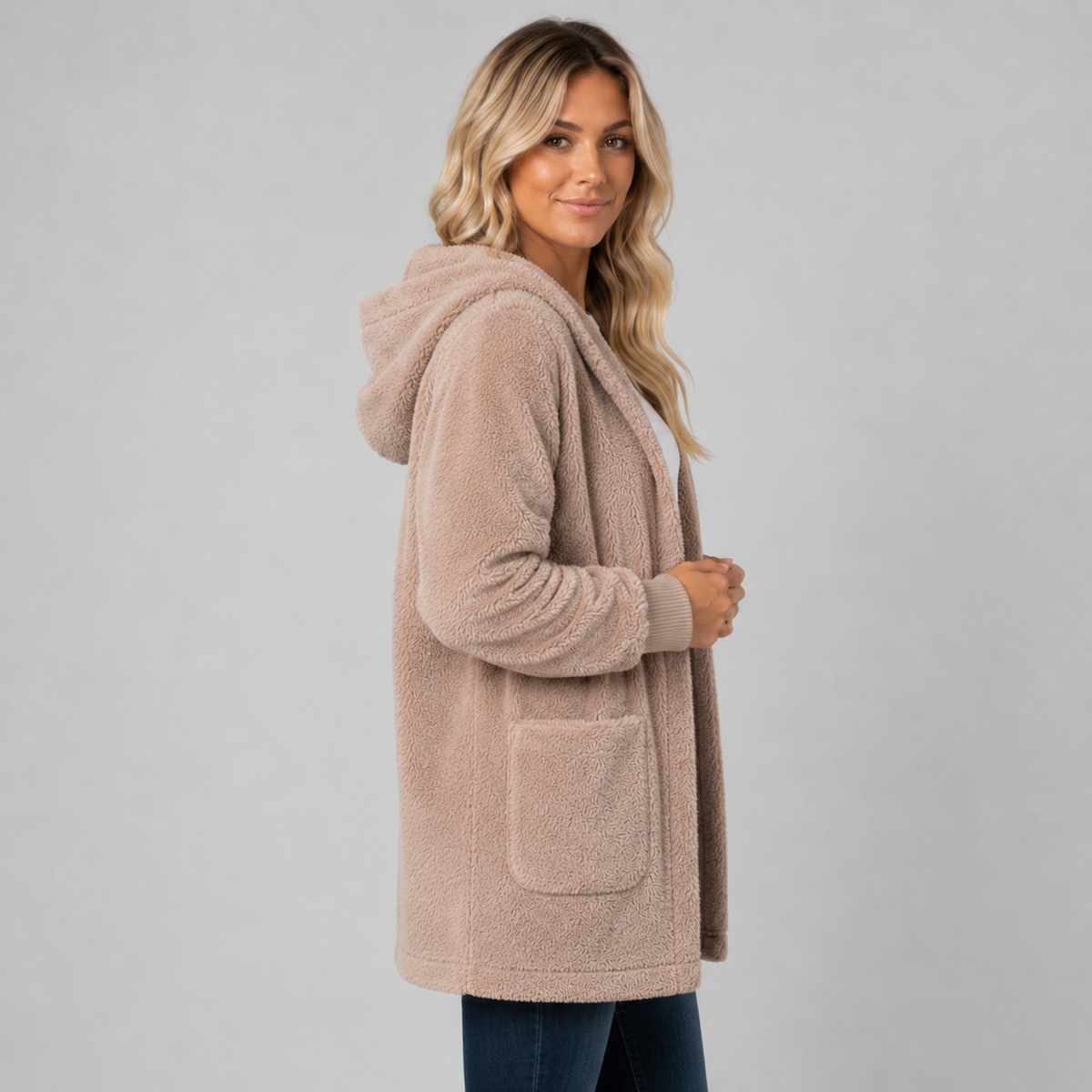 Women's Longline Fleece Cardigan with Hood — Reversible Fit 3
