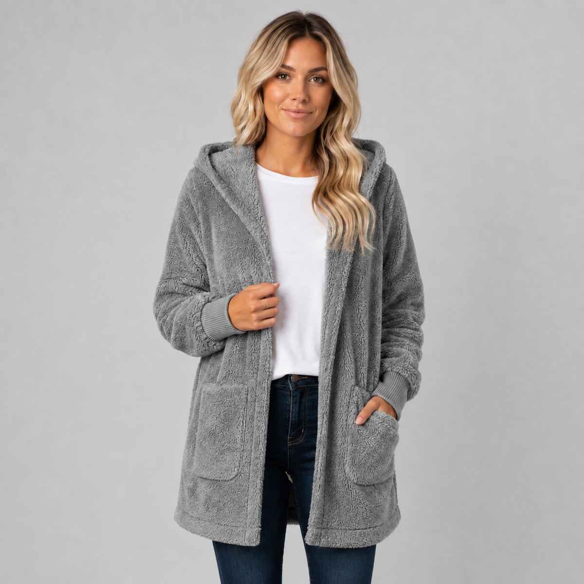 Women's Longline Fleece Cardigan with Hood — Reversible Fit 9