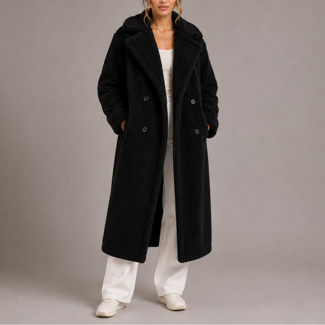 Women's Long Teddy Coat — Double-Breasted Faux Fur Winter 4