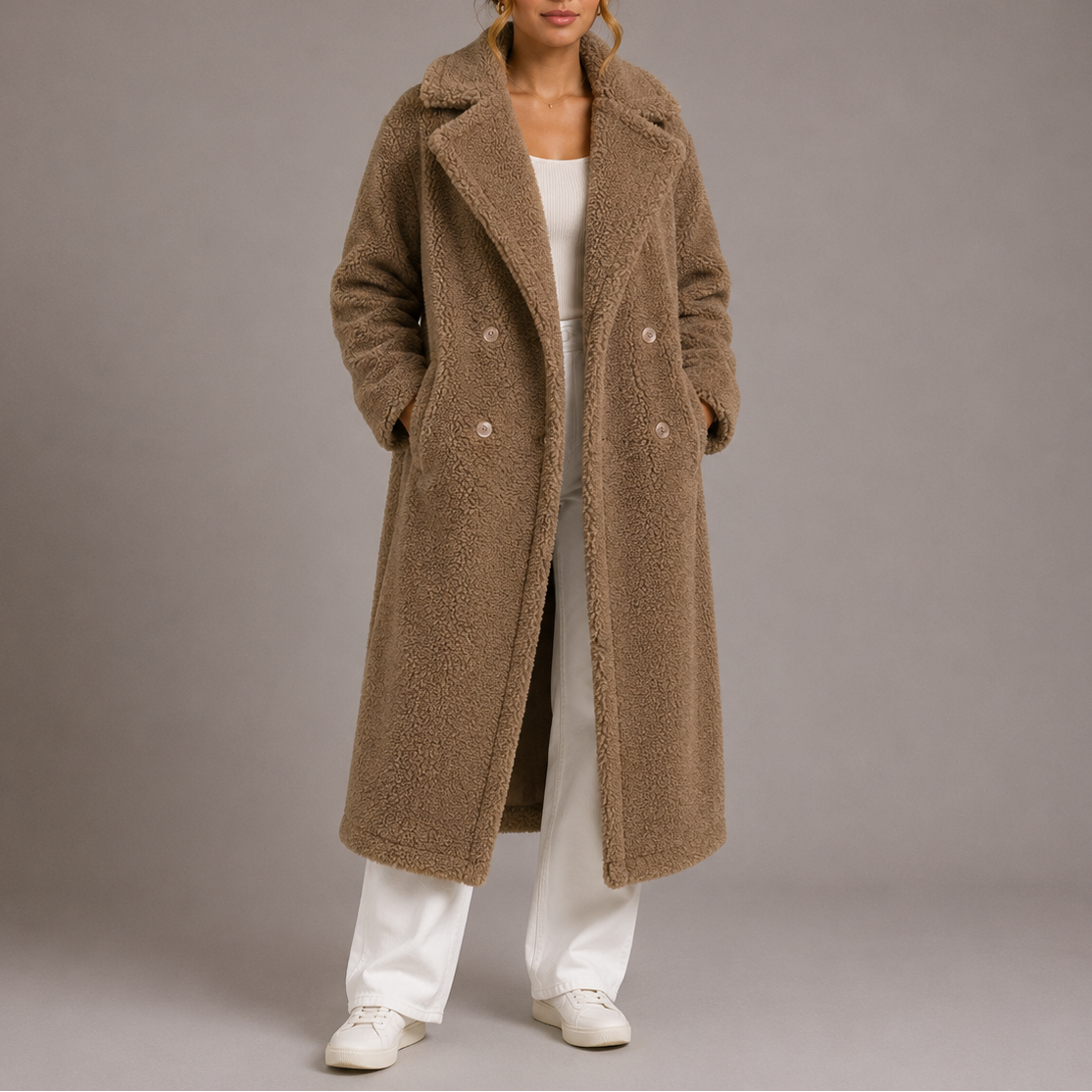 Women's Long Teddy Coat — Double-Breasted Faux Fur Winter 6