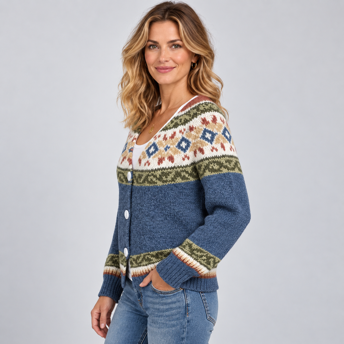 Women's Fair Isle Cardigan — Button Front V-Neck Knit 3