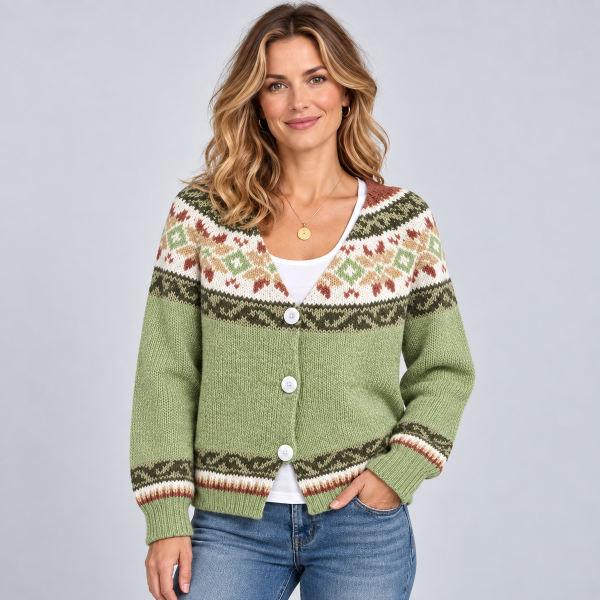 Women's Fair Isle Cardigan — Button Front V-Neck Knit 5