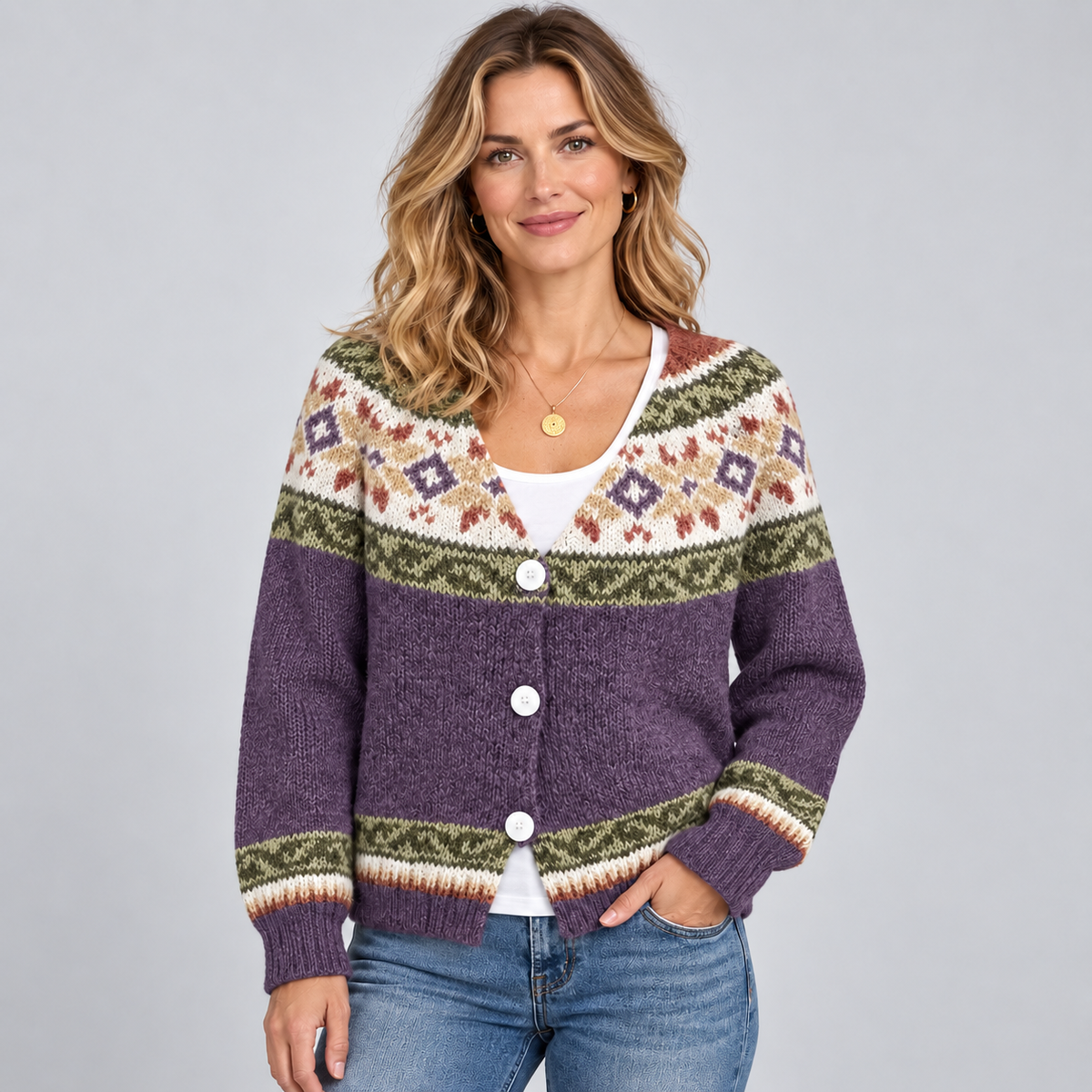 Women's Fair Isle Cardigan — Button Front V-Neck Knit 8