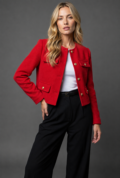 Cropped Tweed Blazer — Gold Buttons & Flap Pockets 10