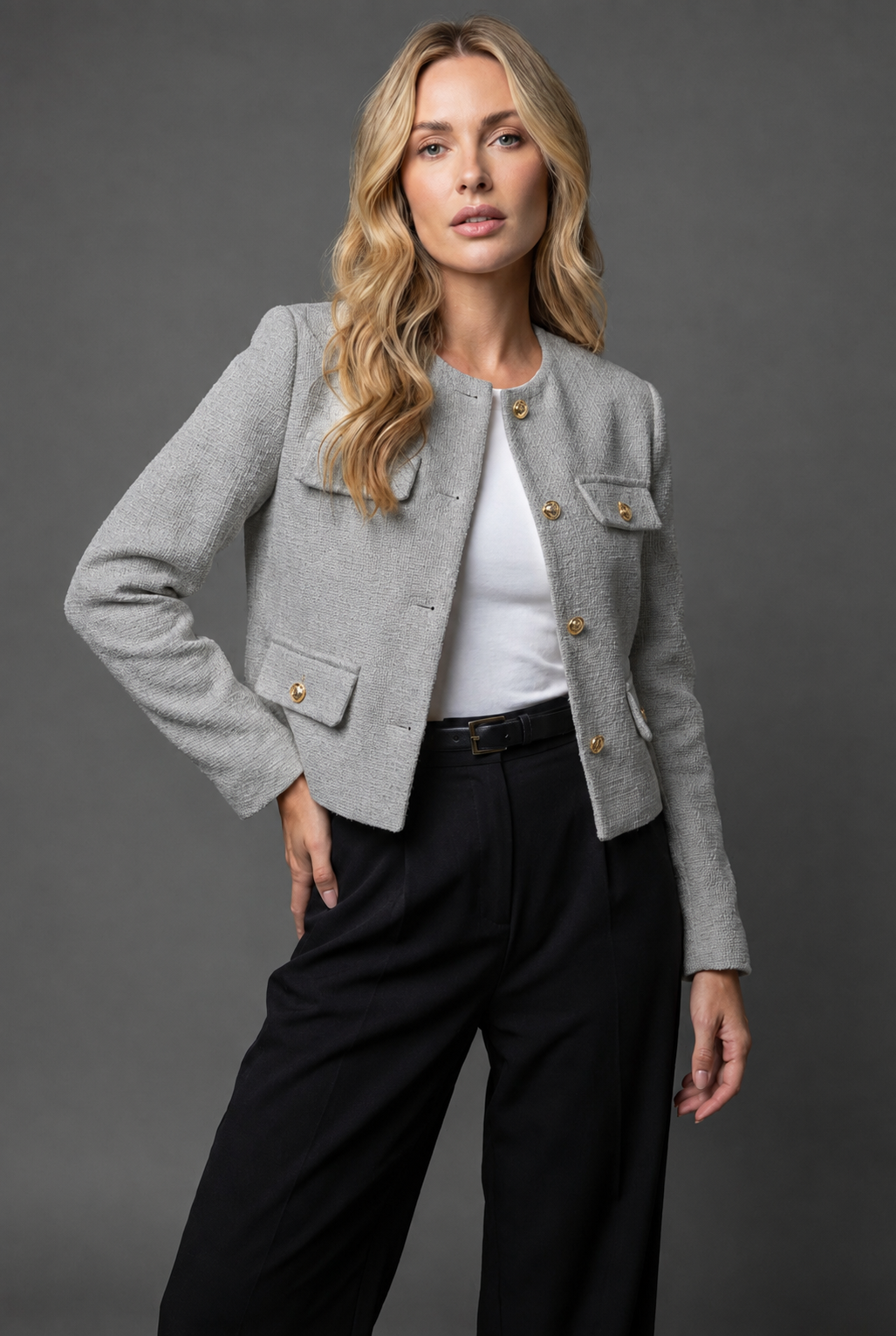 Cropped Tweed Blazer — Gold Buttons & Flap Pockets 11
