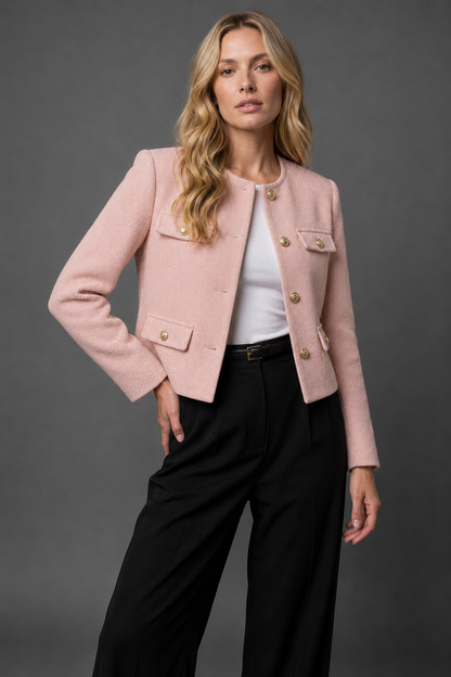 Cropped Tweed Blazer — Gold Buttons & Flap Pockets 12