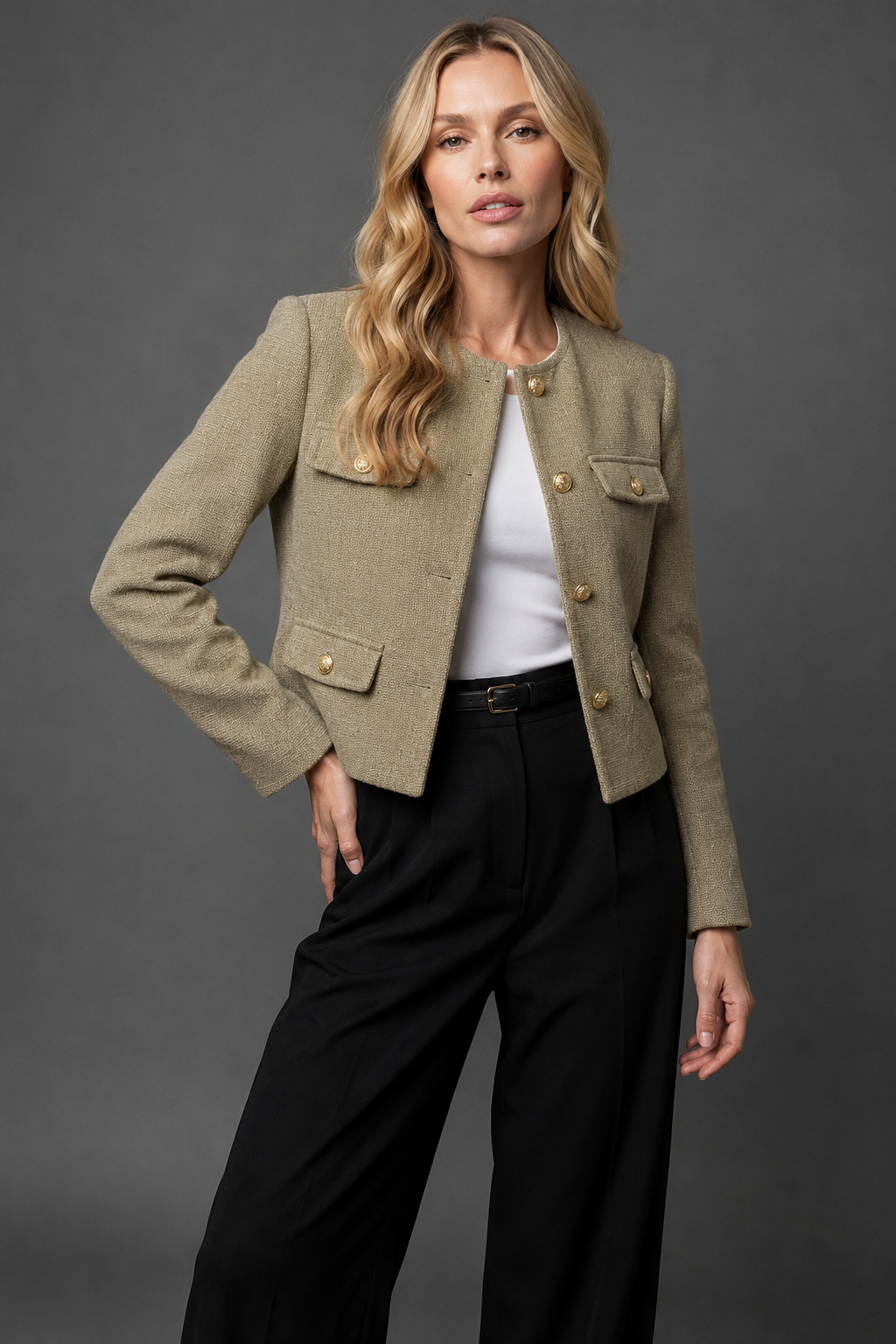 Cropped Tweed Blazer — Gold Buttons & Flap Pockets 13