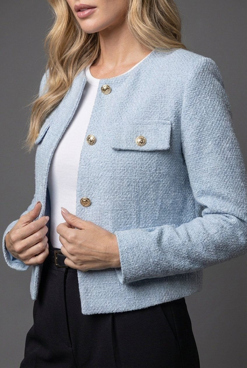 Cropped Tweed Blazer — Gold Buttons & Flap Pockets 3