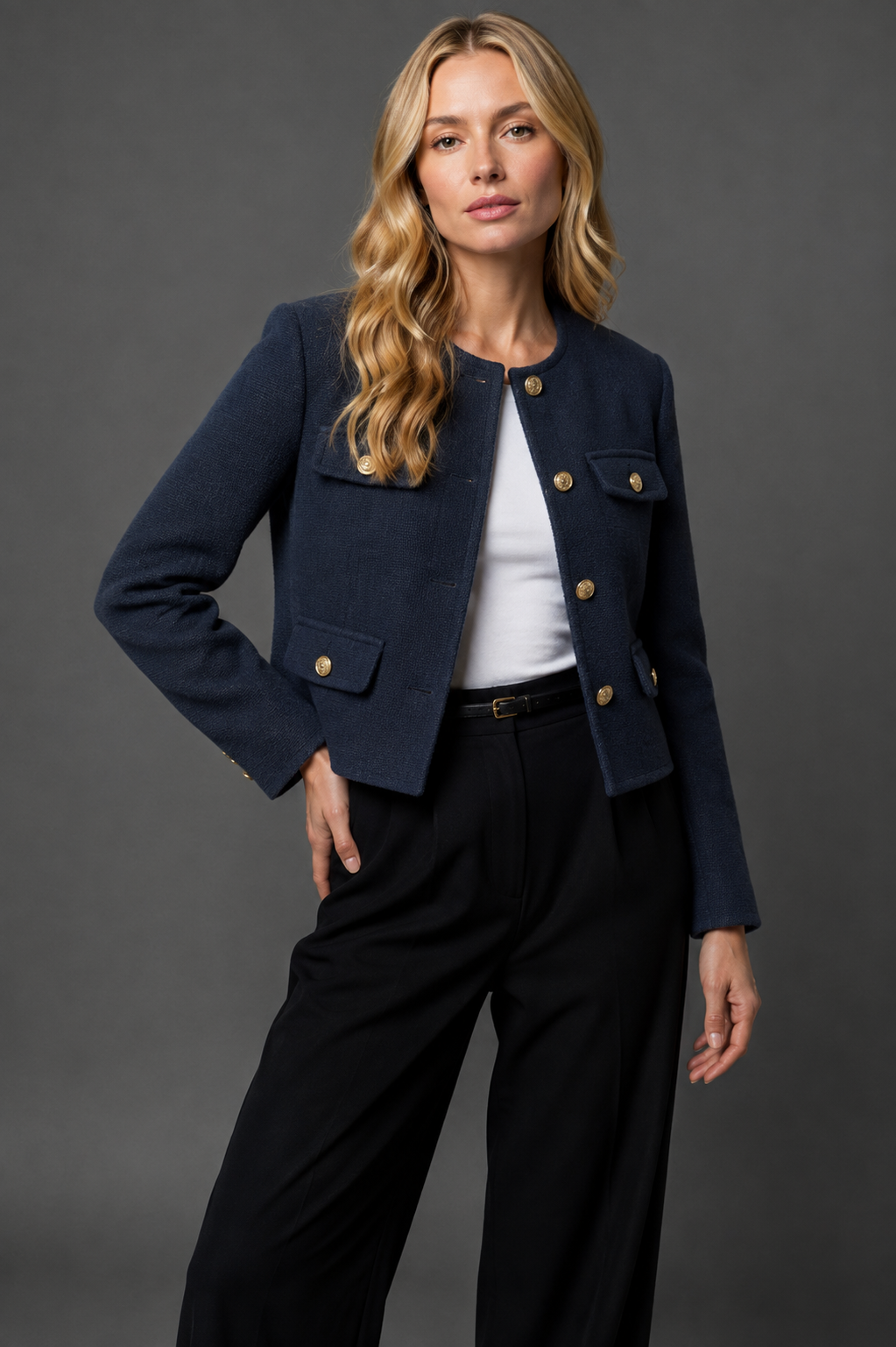 Cropped Tweed Blazer — Gold Buttons & Flap Pockets 7
