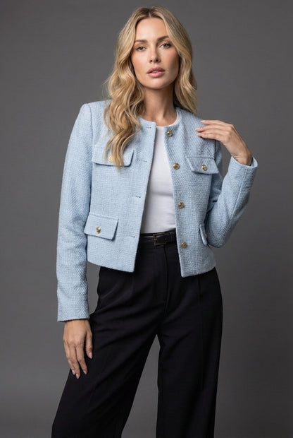 Cropped Tweed Blazer — Gold Buttons & Flap Pockets 1