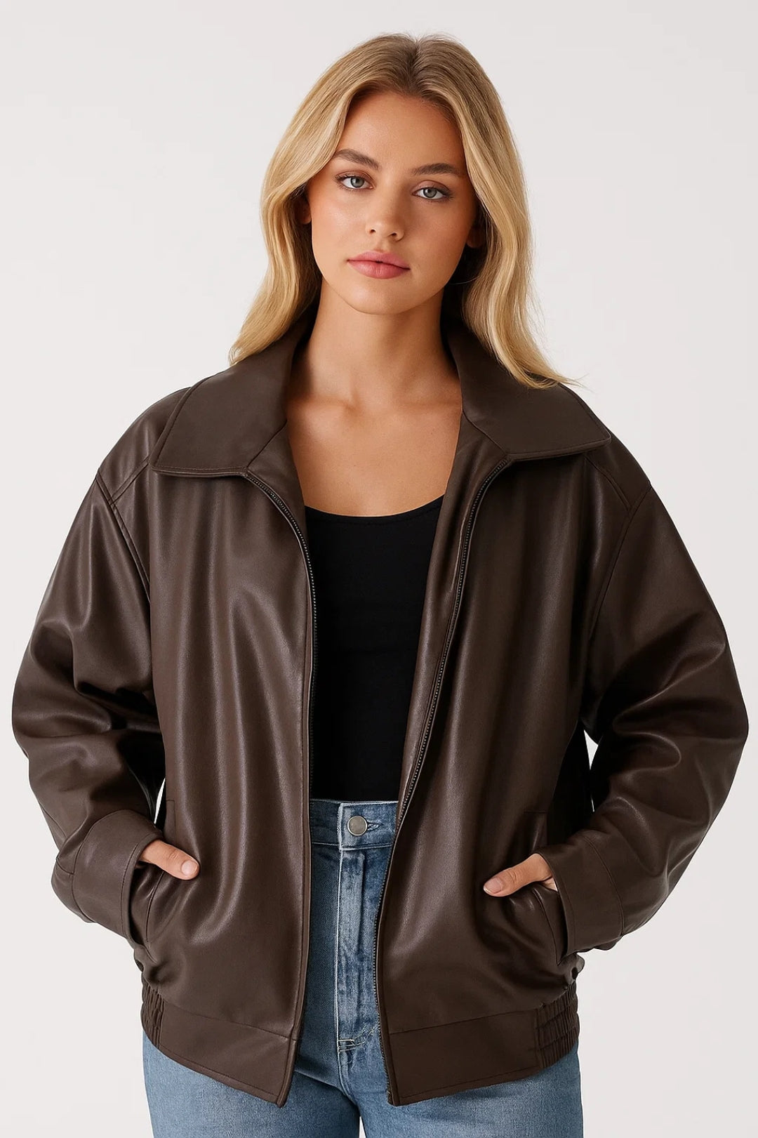 Oversized Faux Leather Jacket Women — Zip Front Street Style 3