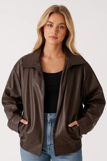 Oversized Faux Leather Jacket Women — Zip Front Street Style 3