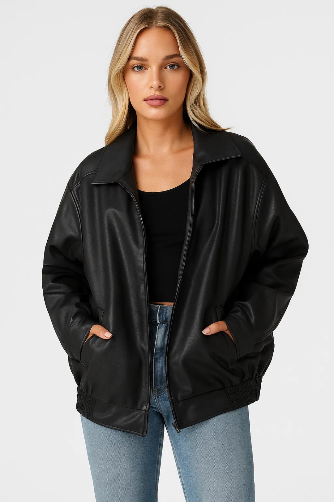 Oversized Faux Leather Jacket Women — Zip Front Street Style 4