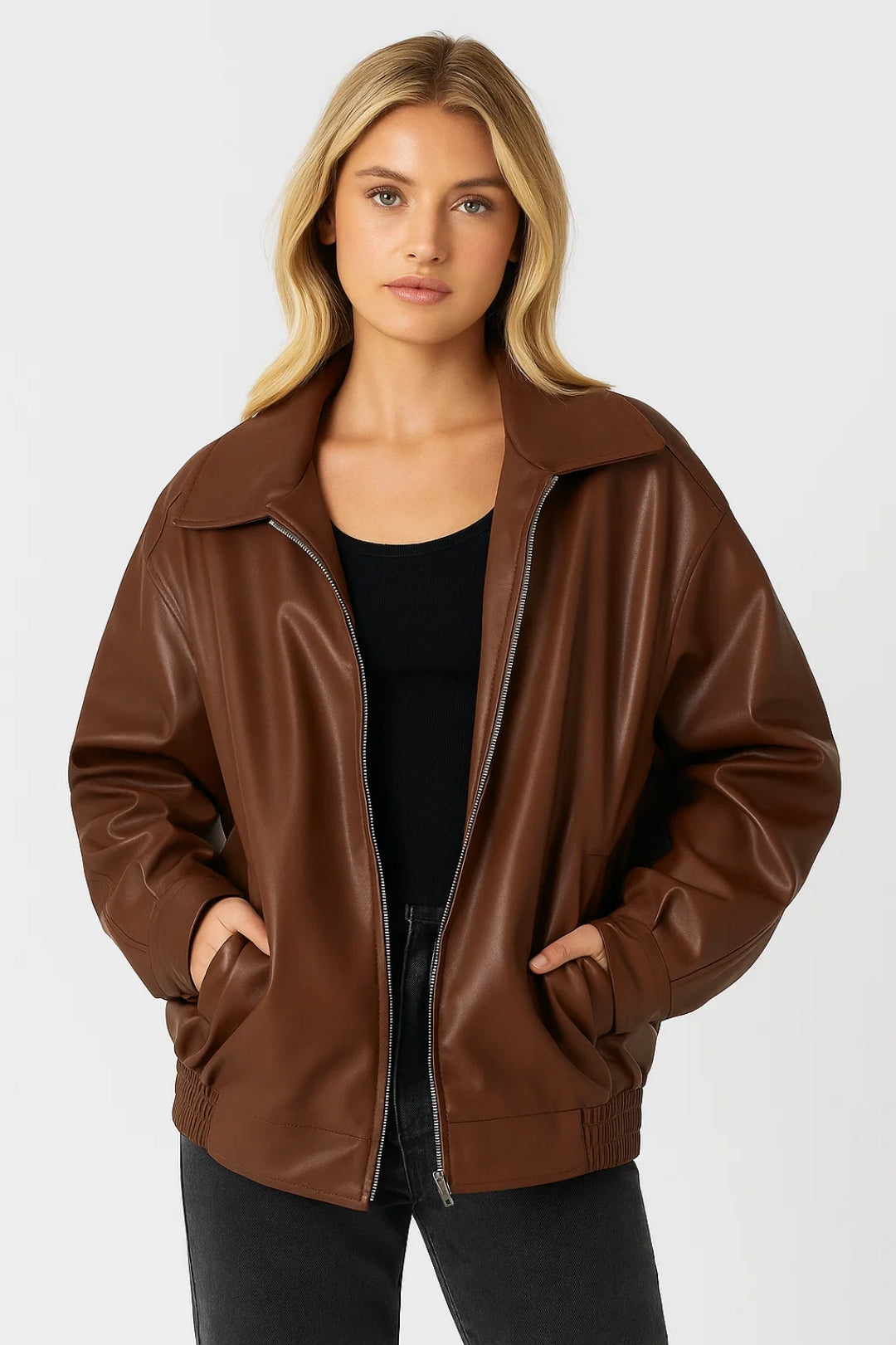 Oversized Faux Leather Jacket Women — Zip Front Street Style 5
