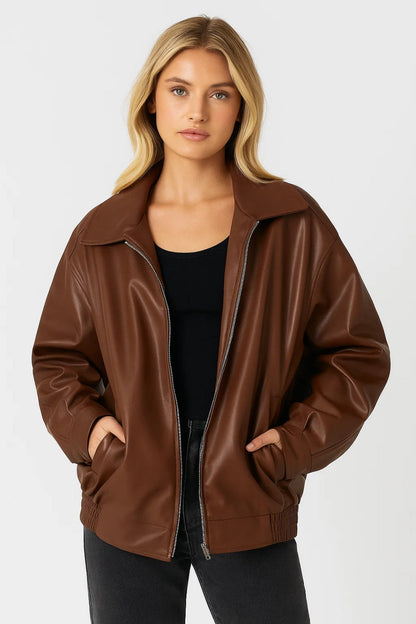 Oversized Faux Leather Jacket Women — Zip Front Street Style 5