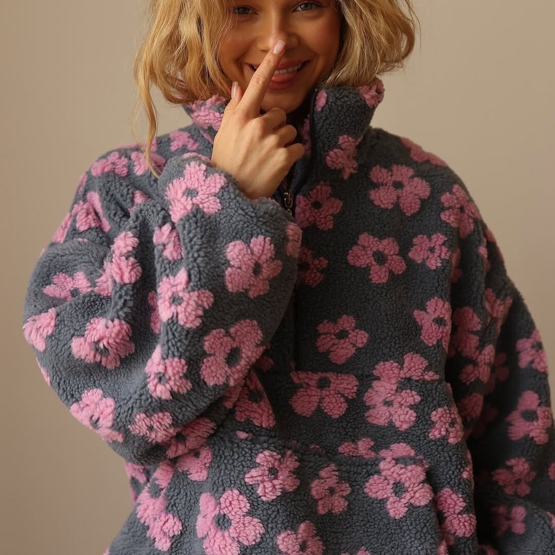 Floral Teddy Fleece Jacket — Oversized Half-Zip Sherpa Coat 4