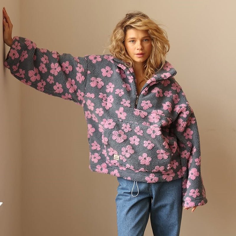 Floral Teddy Fleece Jacket — Oversized Half-Zip Sherpa Coat 5