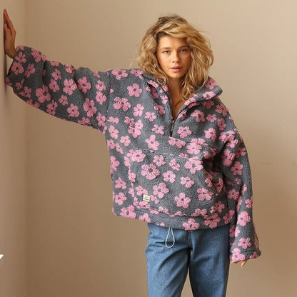 Floral Teddy Fleece Jacket — Oversized Half-Zip Sherpa Coat 5