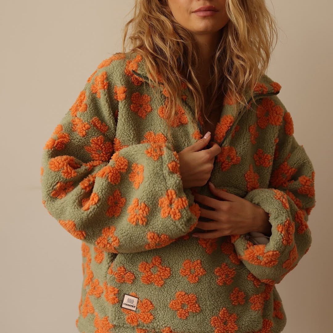 Floral Teddy Fleece Jacket — Oversized Half-Zip Sherpa Coat 6