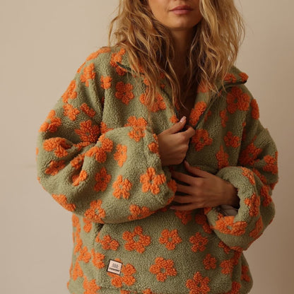 Floral Teddy Fleece Jacket — Oversized Half-Zip Sherpa Coat 6
