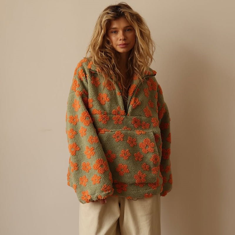 Floral Teddy Fleece Jacket — Oversized Half-Zip Sherpa Coat 7