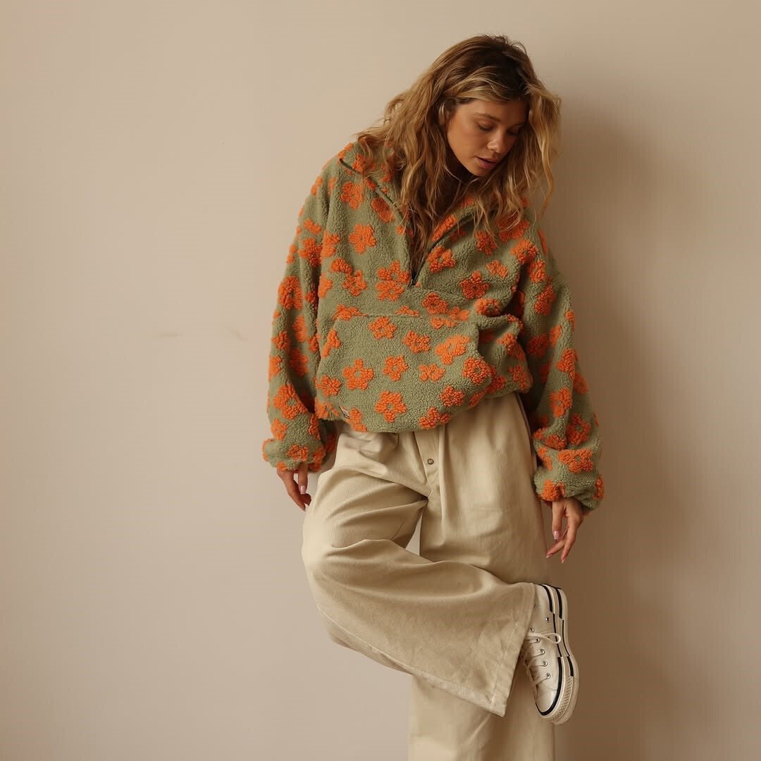 Floral Teddy Fleece Jacket — Oversized Half-Zip Sherpa Coat 8