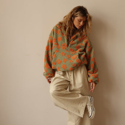 Floral Teddy Fleece Jacket — Oversized Half-Zip Sherpa Coat 8