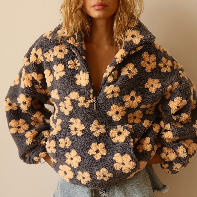 Floral Teddy Fleece Jacket — Oversized Half-Zip Sherpa Coat 1
