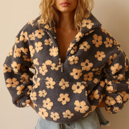 Floral Teddy Fleece Jacket — Oversized Half-Zip Sherpa Coat 1