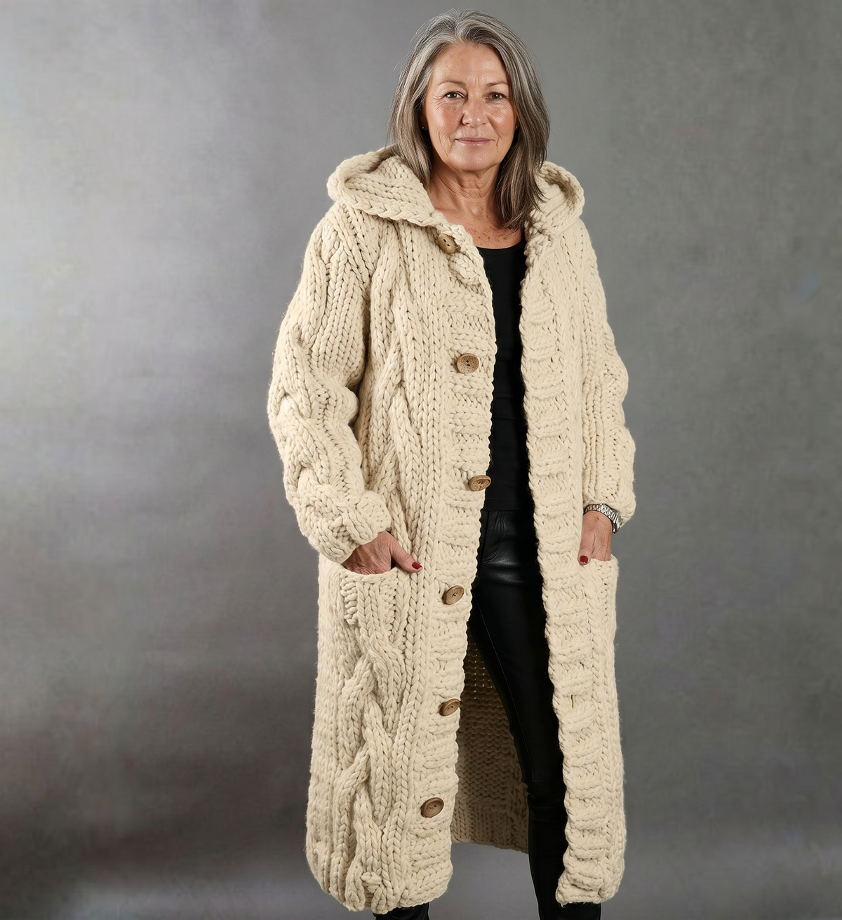Cable Knit Long Coat with Hood — Women's Relaxed Fit 5