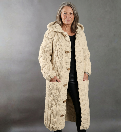 Cable Knit Long Coat with Hood — Women's Relaxed Fit 5