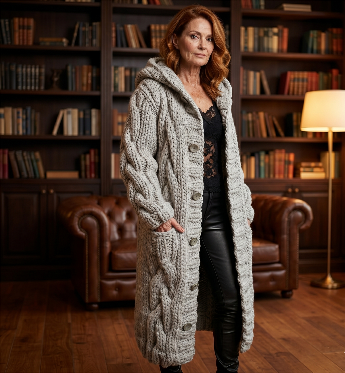 Cable Knit Long Coat with Hood — Women's Relaxed Fit 3