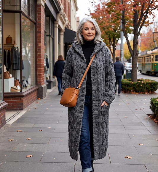 Cable Knit Long Coat with Hood — Women's Relaxed Fit 2