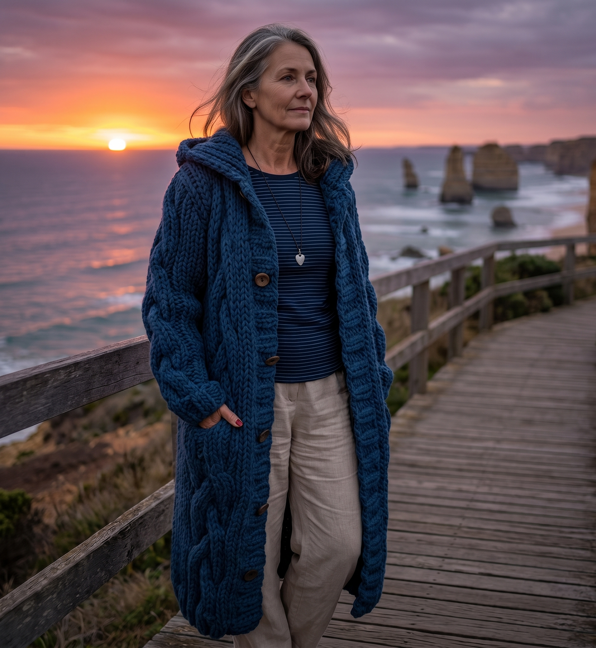 Cable Knit Long Coat with Hood — Women's Relaxed Fit 1