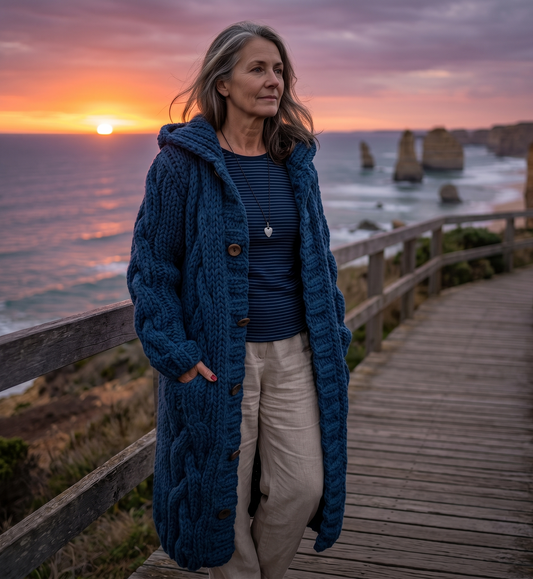 Cable Knit Long Coat with Hood — Women's Relaxed Fit 1