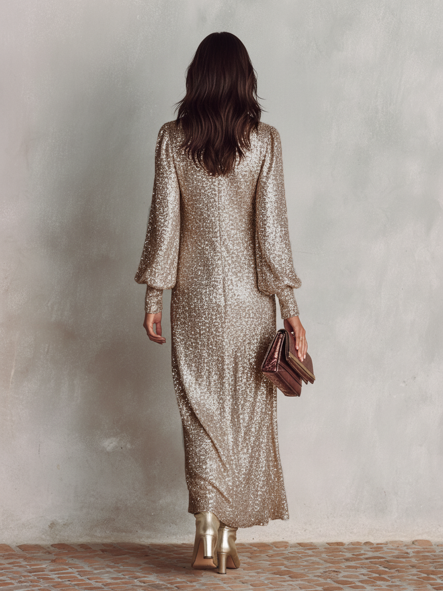 Shimmering Maxi Party Gown — Long Sleeve V-Neck Evening Dress 6