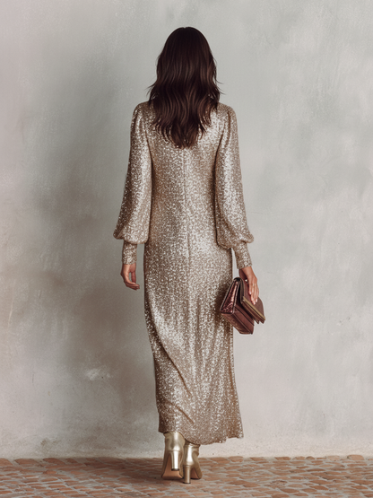 Shimmering Maxi Party Gown — Long Sleeve V-Neck Evening Dress 6
