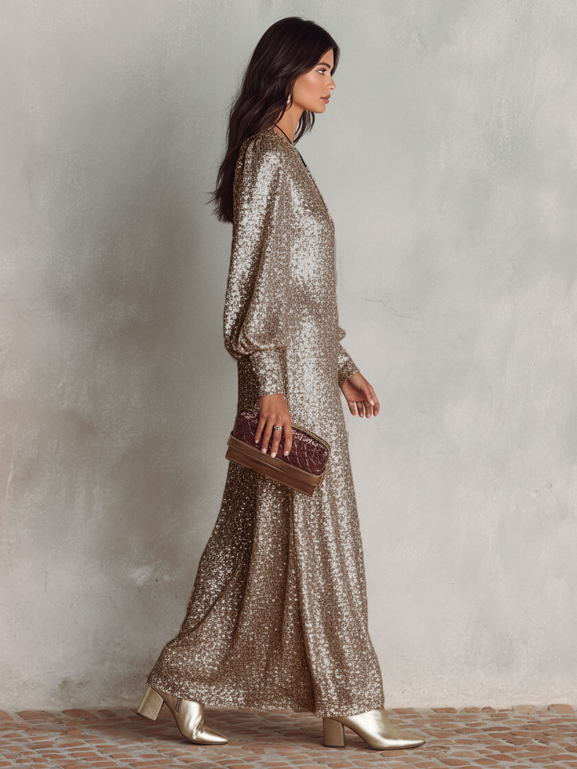 Shimmering Maxi Party Gown — Long Sleeve V-Neck Evening Dress 5