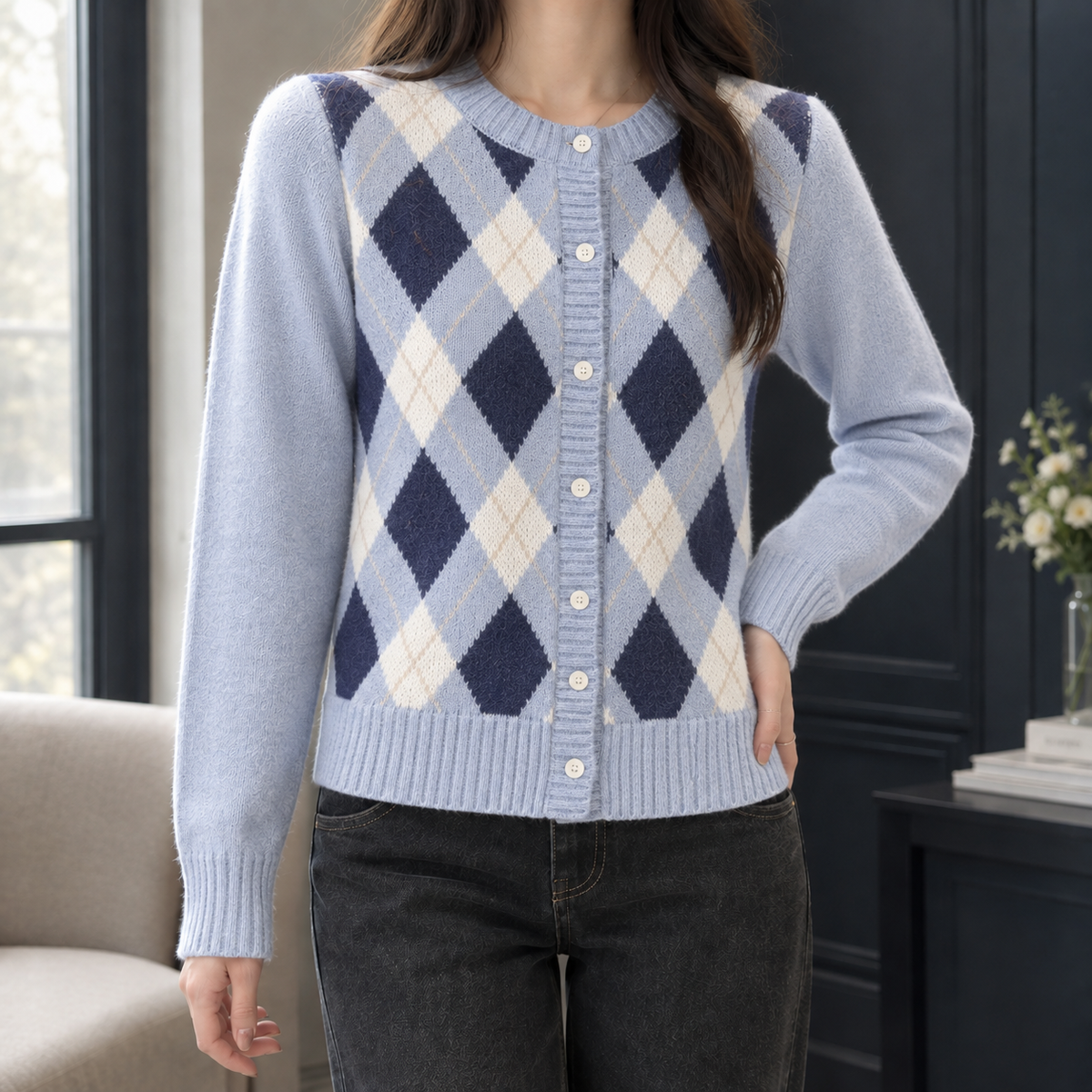 Heritage Argyle Cardigan — Round Neck & Cream Buttons 3