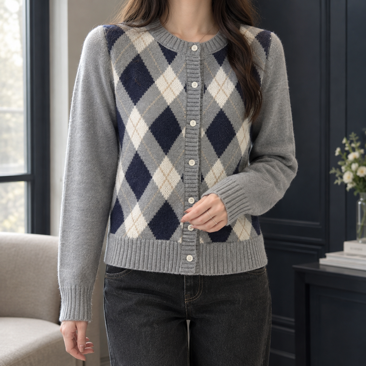 Heritage Argyle Cardigan — Round Neck & Cream Buttons 1